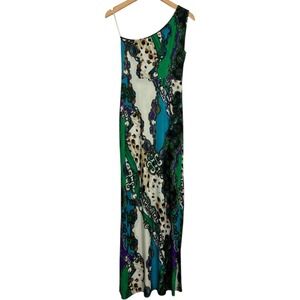 Savannah Studio Maxi Dress Womens M Green One Shoulder Santorini Scarf Print